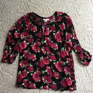 The Pioneer Woman Pink and Black Ruffled 3/4 Sleeve Blouse